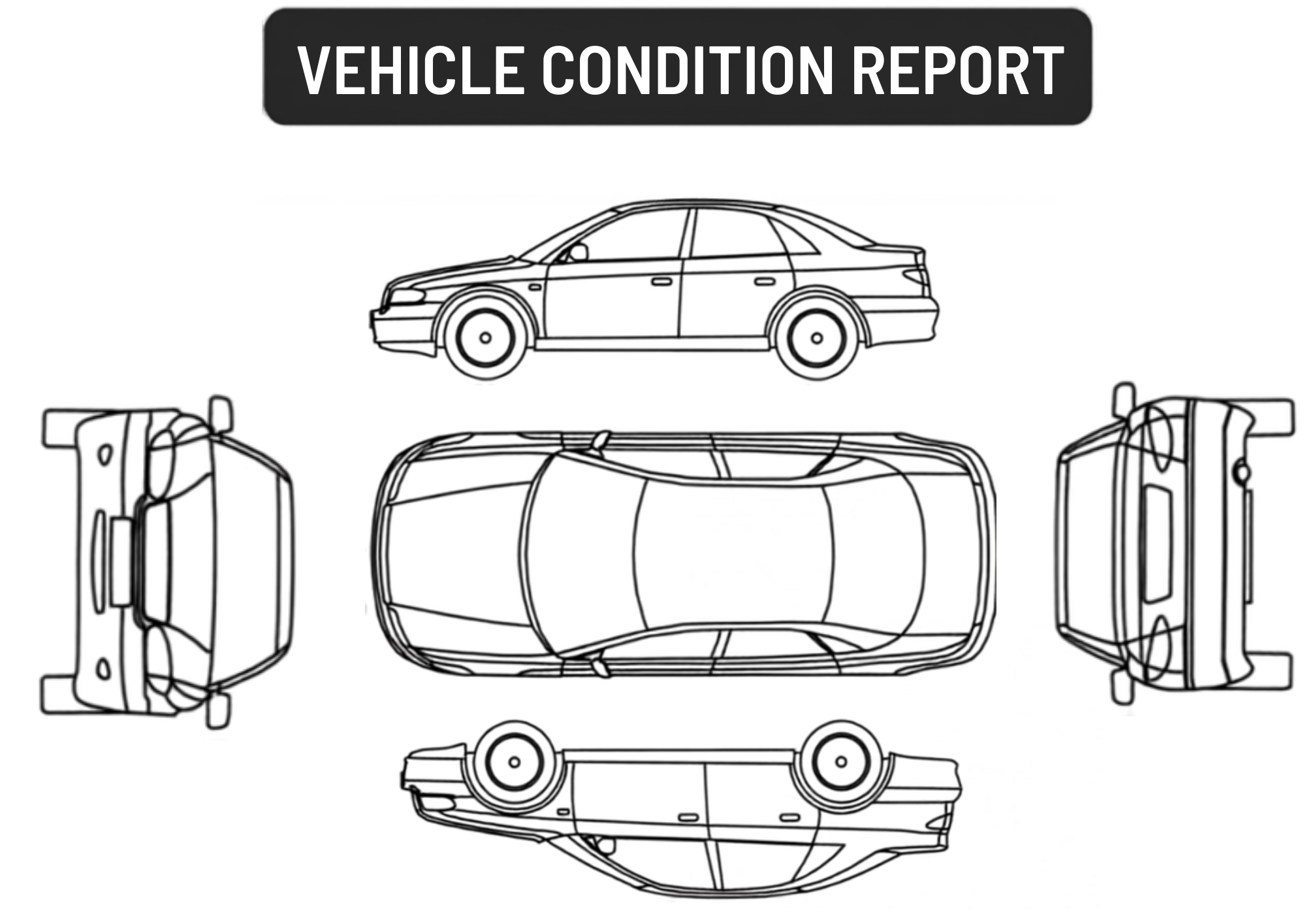 Vehicle condition report diagram showing front, rear, top, left and right exterior views